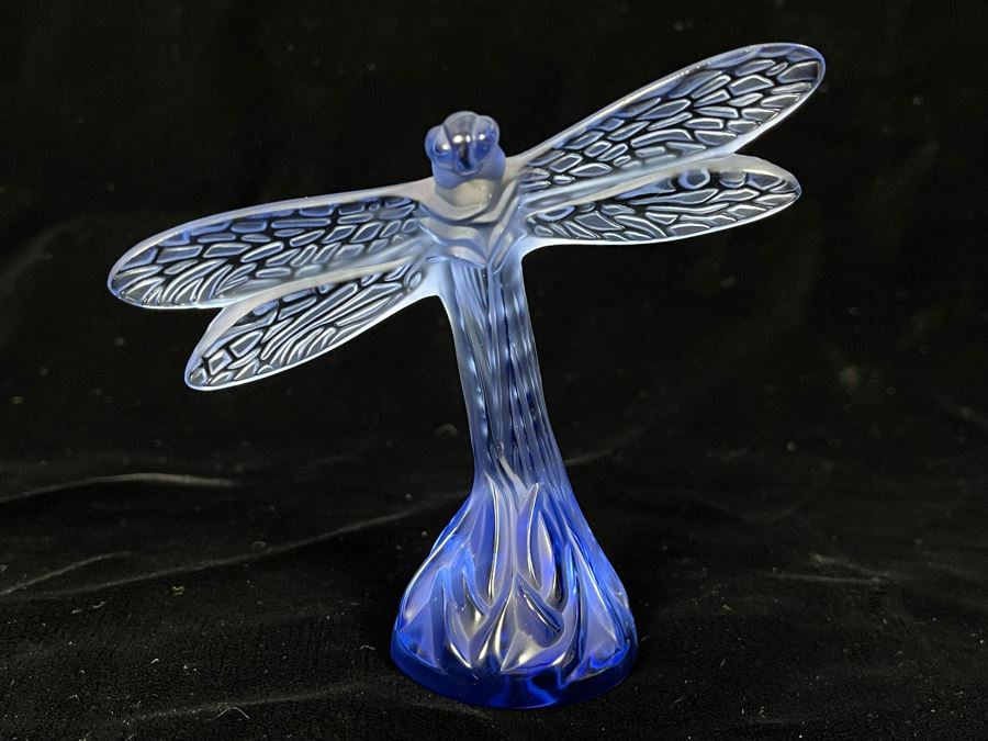 Signed Lalique France Blue Crystal Dragonfly Figurine 3.5H [Photo 1]