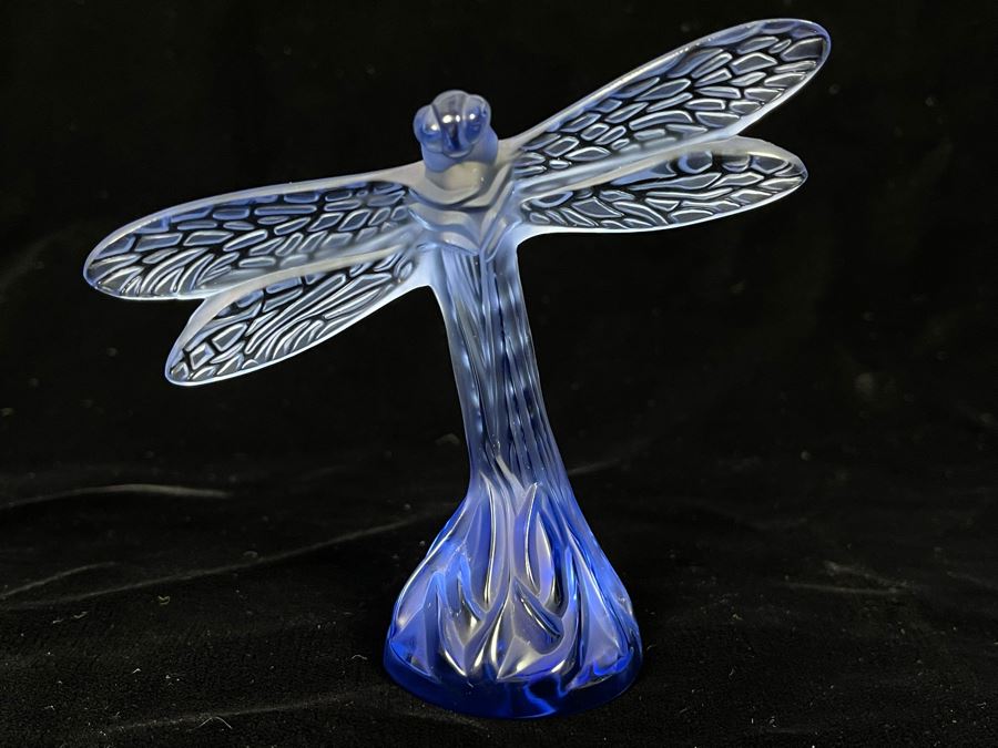 Signed Lalique France Blue Crystal Dragonfly Figurine 3.5H [Photo 3]