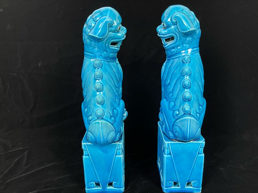 Pair Of Vintage Chinese Blue Glazed Foo Dogs 12H [Photo 4]
