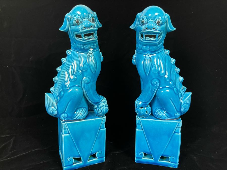 Pair Of Vintage Chinese Blue Glazed Foo Dogs 12H [Photo 3]