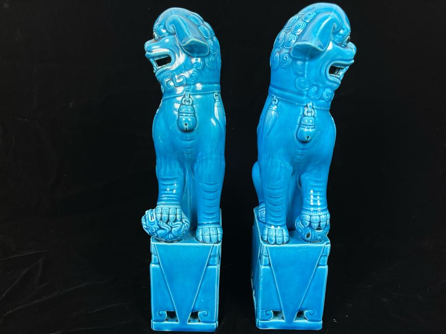 Pair Of Vintage Chinese Blue Glazed Foo Dogs 12H [Photo 6]