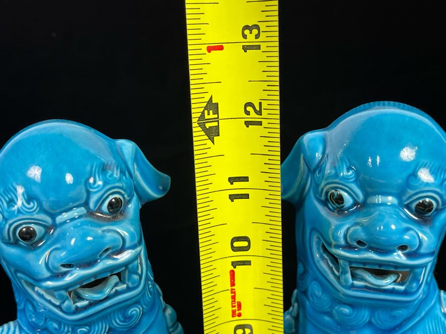 Pair Of Vintage Chinese Blue Glazed Foo Dogs 12H [Photo 9]