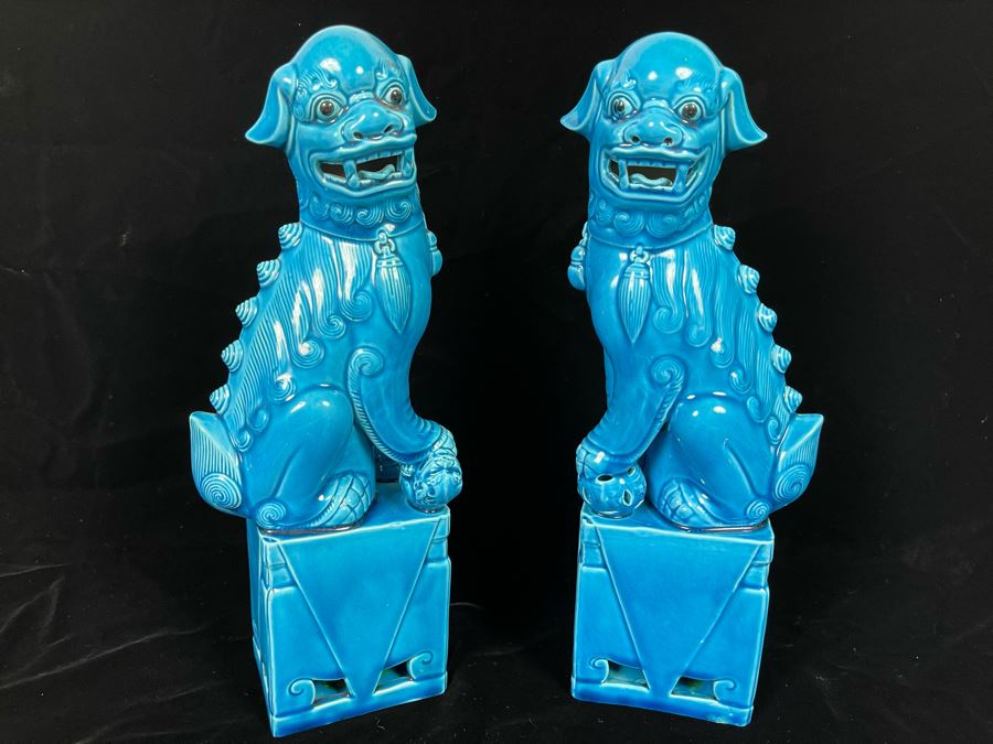 Pair Of Vintage Chinese Blue Glazed Foo Dogs 12H [Photo 1]
