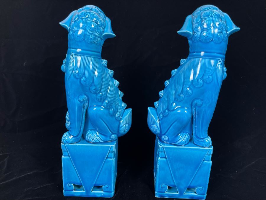 Pair Of Vintage Chinese Blue Glazed Foo Dogs 12H [Photo 5]