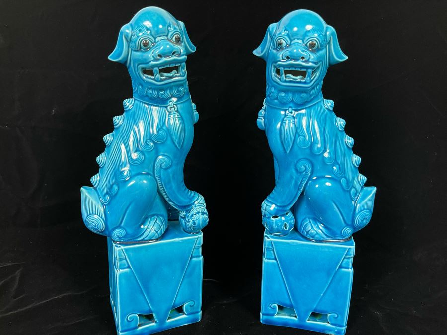 Pair Of Vintage Chinese Blue Glazed Foo Dogs 12H [Photo 2]
