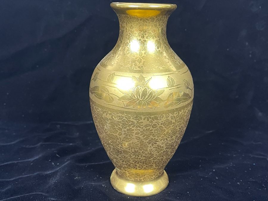 Signed Beautifully Hand Painted Gold Porcelain Vase 6.5H [Photo 1]