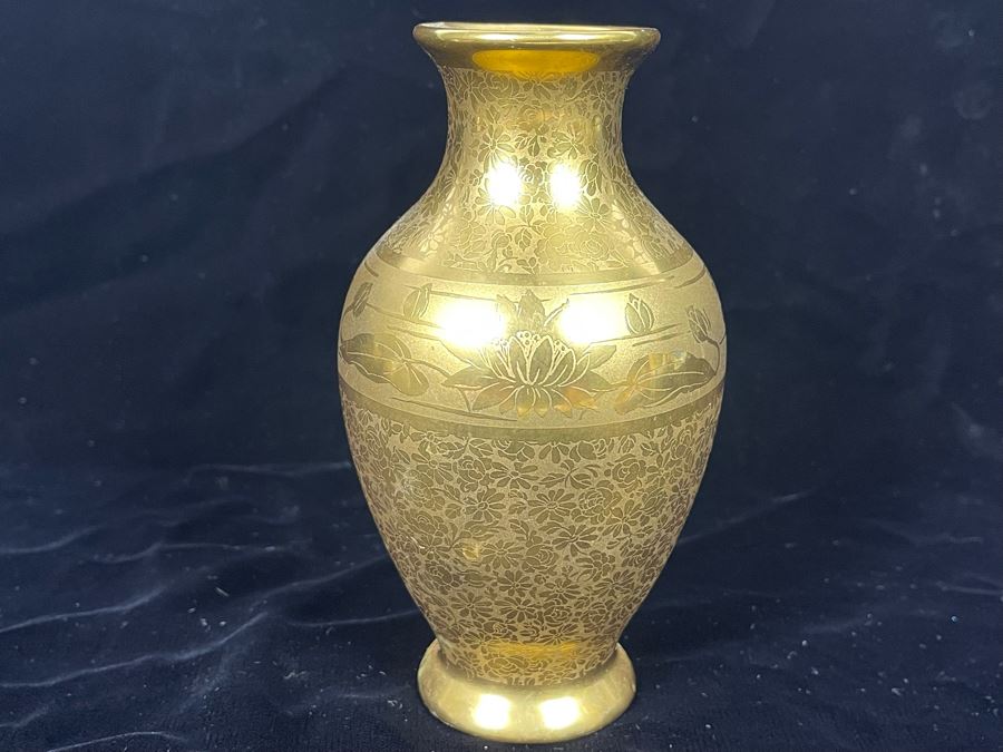 Signed Beautifully Hand Painted Gold Porcelain Vase 6.5H [Photo 2]