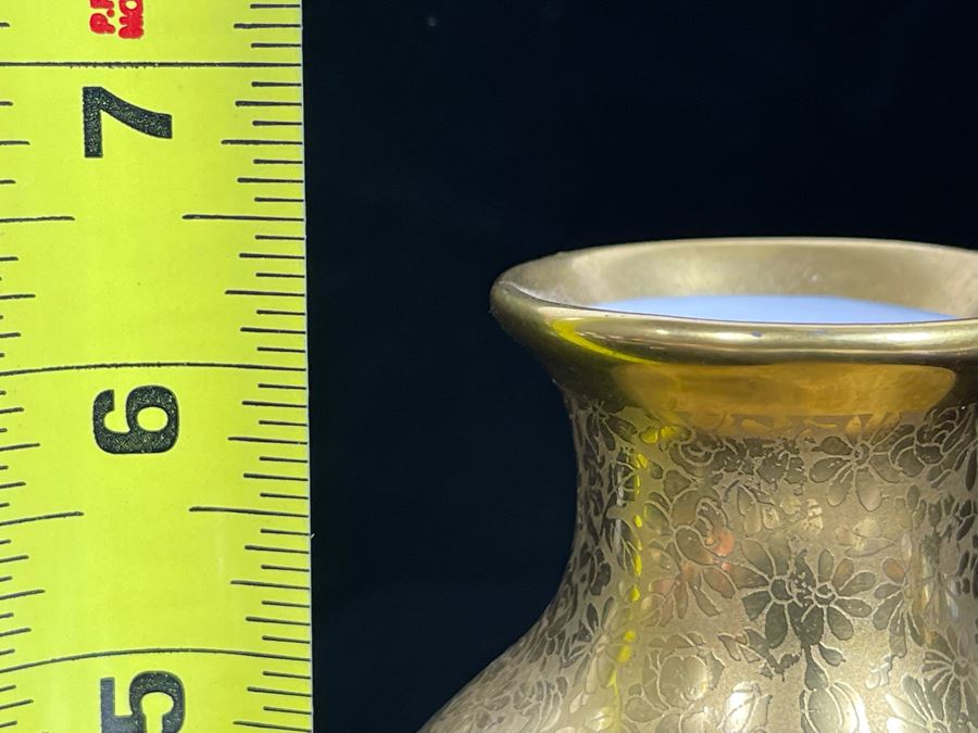 Signed Beautifully Hand Painted Gold Porcelain Vase 6.5H [Photo 9]
