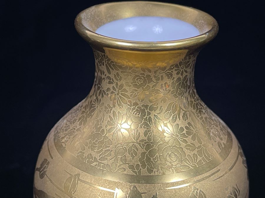Signed Beautifully Hand Painted Gold Porcelain Vase 6.5H [Photo 4]