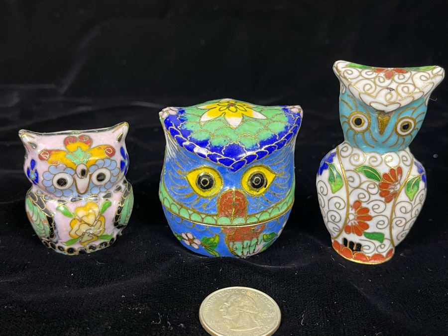 Collection Of Three Chinese Cloisonne Owls [Photo 3]