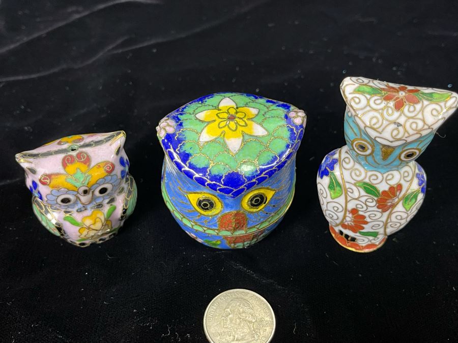 Collection Of Three Chinese Cloisonne Owls [Photo 4]