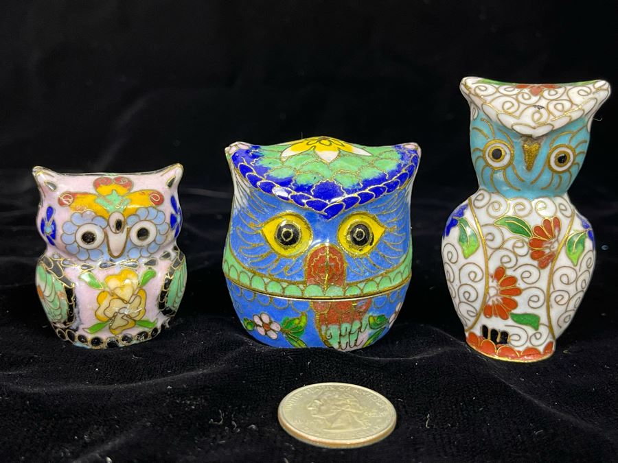 Collection Of Three Chinese Cloisonne Owls [Photo 2]