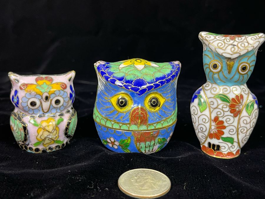 Collection Of Three Chinese Cloisonne Owls [Photo 1]