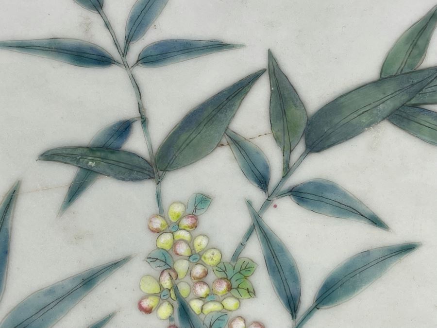 Large Hand Painted Antique Chinese Porcelain Tile Of Butterflies And Bird In Rosewood Frame (Note Hairline Crack In Tile) Tile Is 14.5 X 14.5 [Photo 12]