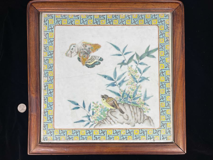 Large Hand Painted Antique Chinese Porcelain Tile Of Butterflies And Bird In Rosewood Frame (Note Hairline Crack In Tile) Tile Is 14.5 X 14.5