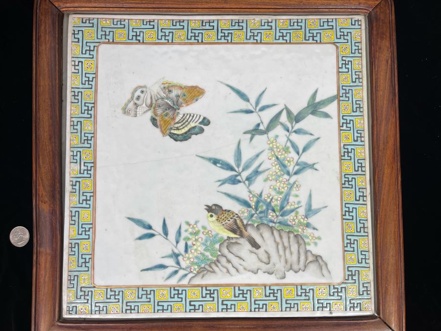 Large Hand Painted Antique Chinese Porcelain Tile Of Butterflies And ...