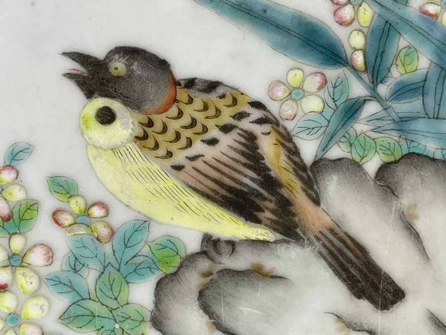 Large Hand Painted Antique Chinese Porcelain Tile Of Butterflies And Bird In Rosewood Frame (Note Hairline Crack In Tile) Tile Is 14.5 X 14.5 [Photo 6]