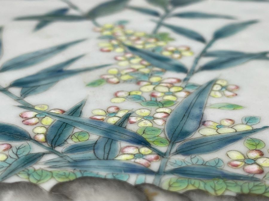 Large Hand Painted Antique Chinese Porcelain Tile Of Butterflies And Bird In Rosewood Frame (Note Hairline Crack In Tile) Tile Is 14.5 X 14.5 [Photo 18]