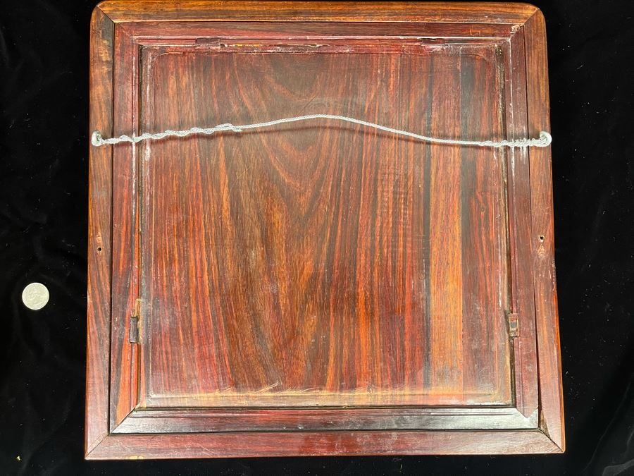 Large Hand Painted Antique Chinese Porcelain Tile Of Butterflies And Bird In Rosewood Frame (Note Hairline Crack In Tile) Tile Is 14.5 X 14.5 [Photo 17]