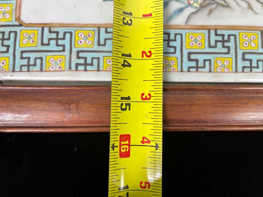 Large Hand Painted Antique Chinese Porcelain Tile Of Butterflies And Bird In Rosewood Frame (Note Hairline Crack In Tile) Tile Is 14.5 X 14.5 [Photo 16]