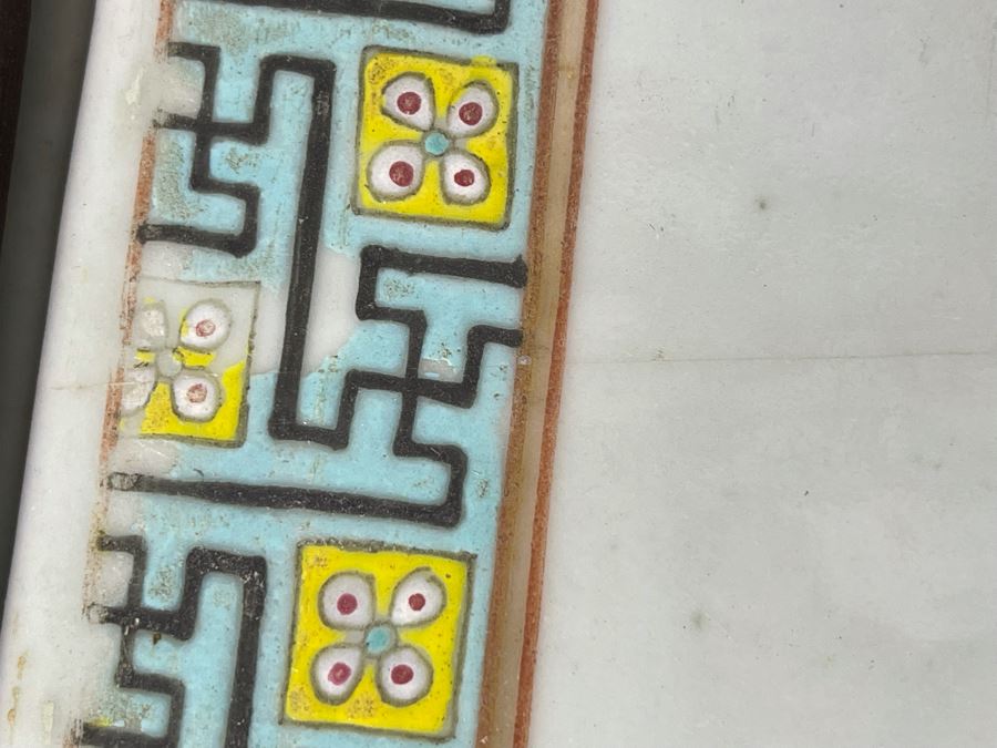 Large Hand Painted Antique Chinese Porcelain Tile Of Butterflies And Bird In Rosewood Frame (Note Hairline Crack In Tile) Tile Is 14.5 X 14.5 [Photo 10]