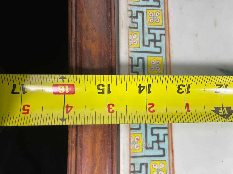 Large Hand Painted Antique Chinese Porcelain Tile Of Butterflies And Bird In Rosewood Frame (Note Hairline Crack In Tile) Tile Is 14.5 X 14.5 [Photo 15]