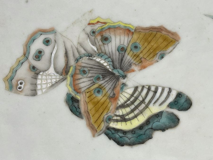 Large Hand Painted Antique Chinese Porcelain Tile Of Butterflies And Bird In Rosewood Frame (Note Hairline Crack In Tile) Tile Is 14.5 X 14.5 [Photo 4]