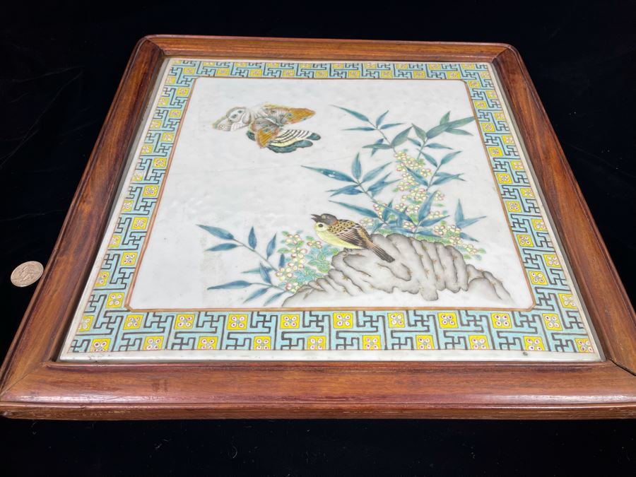 Large Hand Painted Antique Chinese Porcelain Tile Of Butterflies And Bird In Rosewood Frame (Note Hairline Crack In Tile) Tile Is 14.5 X 14.5 [Photo 13]
