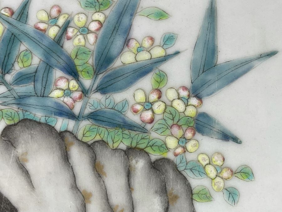 Large Hand Painted Antique Chinese Porcelain Tile Of Butterflies And Bird In Rosewood Frame (Note Hairline Crack In Tile) Tile Is 14.5 X 14.5 [Photo 7]