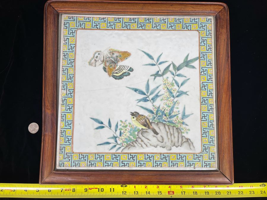 Large Hand Painted Antique Chinese Porcelain Tile Of Butterflies And Bird In Rosewood Frame (Note Hairline Crack In Tile) Tile Is 14.5 X 14.5 [Photo 14]
