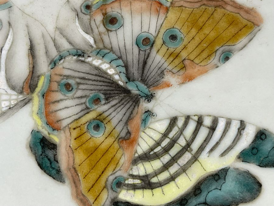 Large Hand Painted Antique Chinese Porcelain Tile Of Butterflies And Bird In Rosewood Frame (Note Hairline Crack In Tile) Tile Is 14.5 X 14.5 [Photo 5]