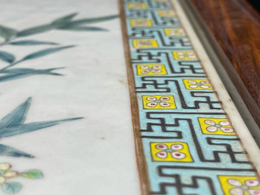 Large Hand Painted Antique Chinese Porcelain Tile Of Butterflies And Bird In Rosewood Frame (Note Hairline Crack In Tile) Tile Is 14.5 X 14.5 [Photo 19]