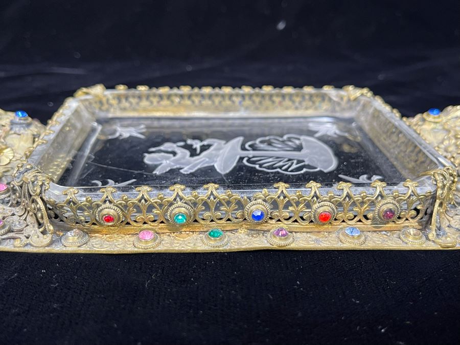 Decorated Gilt Metal And Etched Glass Cupid Trinket Vanity Tray Dish 7.5 X 5 [Photo 8]