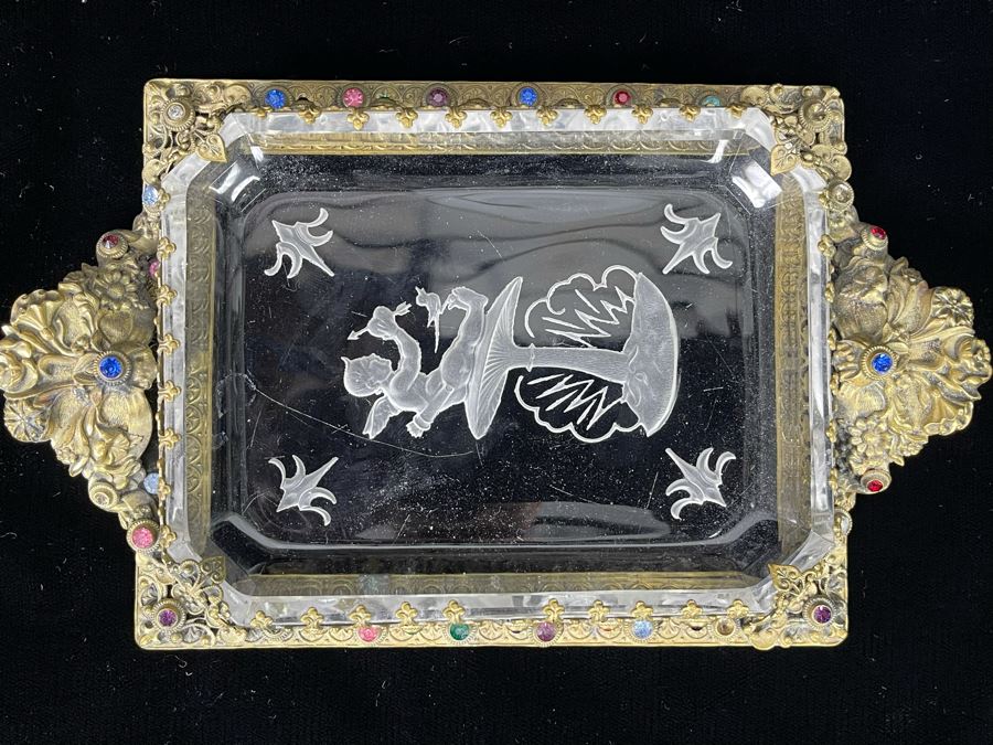 Decorated Gilt Metal And Etched Glass Cupid Trinket Vanity Tray Dish 7.5 X 5 [Photo 4]