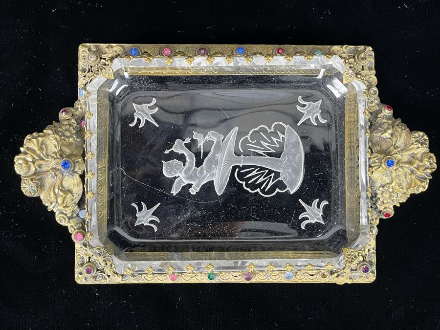 Decorated Gilt Metal And Etched Glass Cupid Trinket Vanity Tray Dish 7.5 X 5 [Photo 3]