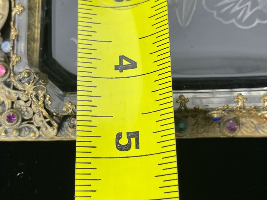 Decorated Gilt Metal And Etched Glass Cupid Trinket Vanity Tray Dish 7.5 X 5 [Photo 11]