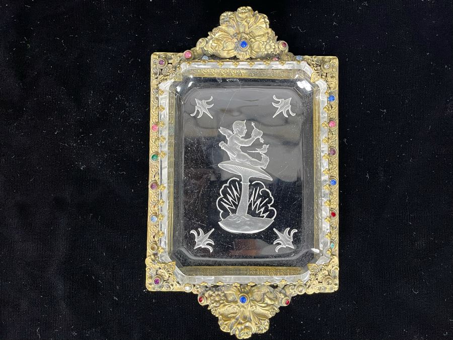 Decorated Gilt Metal And Etched Glass Cupid Trinket Vanity Tray Dish 7.5 X 5 [Photo 2]