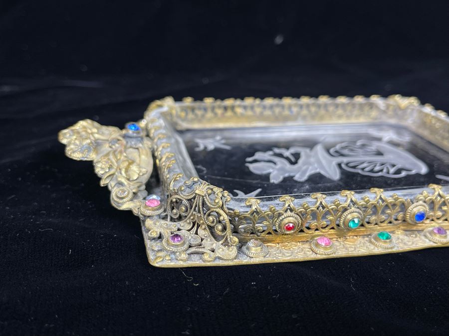 Decorated Gilt Metal And Etched Glass Cupid Trinket Vanity Tray Dish 7.5 X 5 [Photo 7]