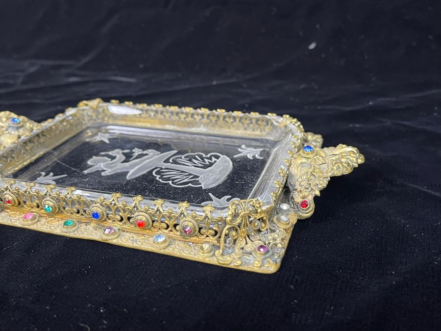 Decorated Gilt Metal And Etched Glass Cupid Trinket Vanity Tray Dish 7.5 X 5 [Photo 9]