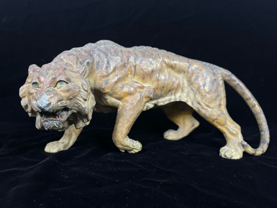 Vintage Hand Painted Asian Metal Tiger Sculpture 12W X 6D X 5.5H [Photo 2]