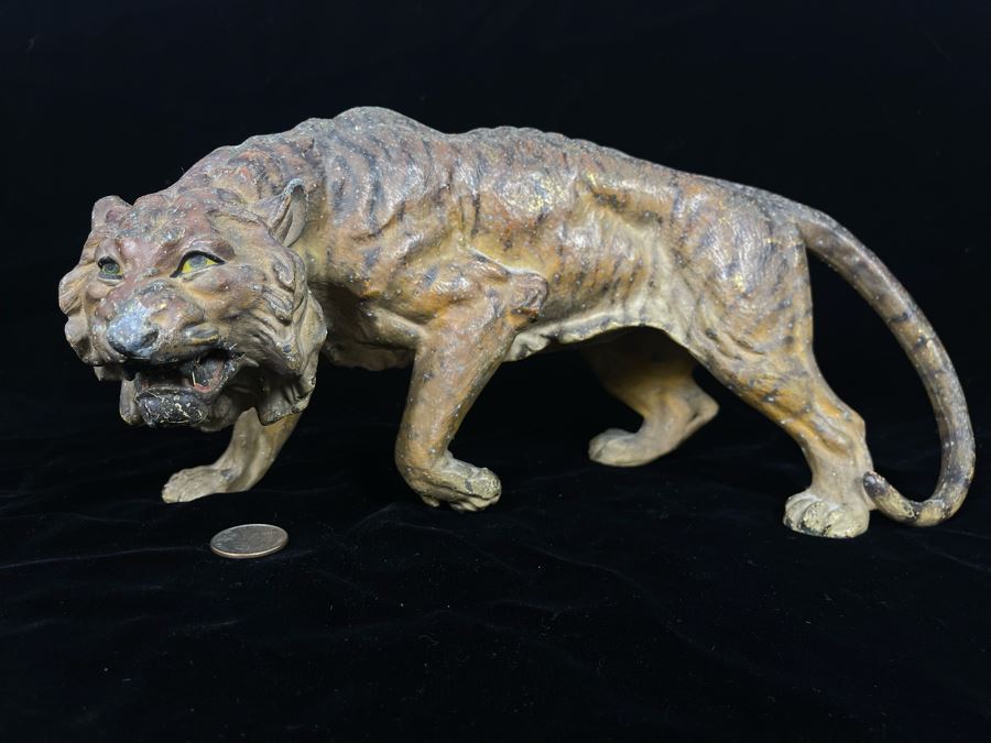 Vintage Hand Painted Asian Metal Tiger Sculpture 12W X 6D X 5.5H [Photo 5]