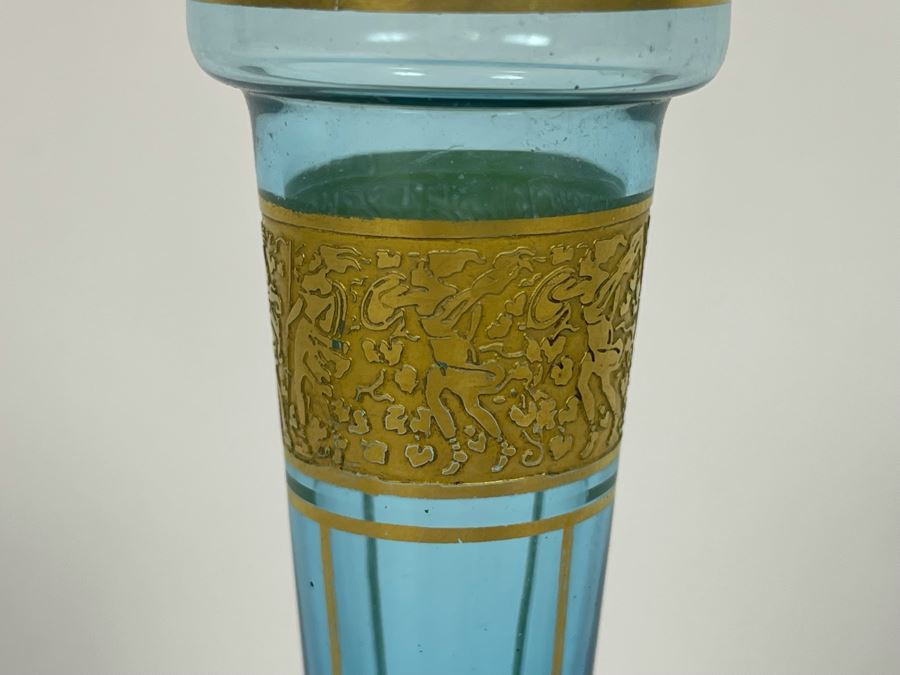 Vintage Blue Bottle With Hand Painted Gold Decorations 8H [Photo 4]