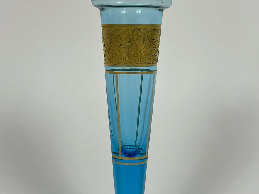 Vintage Blue Bottle With Hand Painted Gold Decorations 8H [Photo 7]