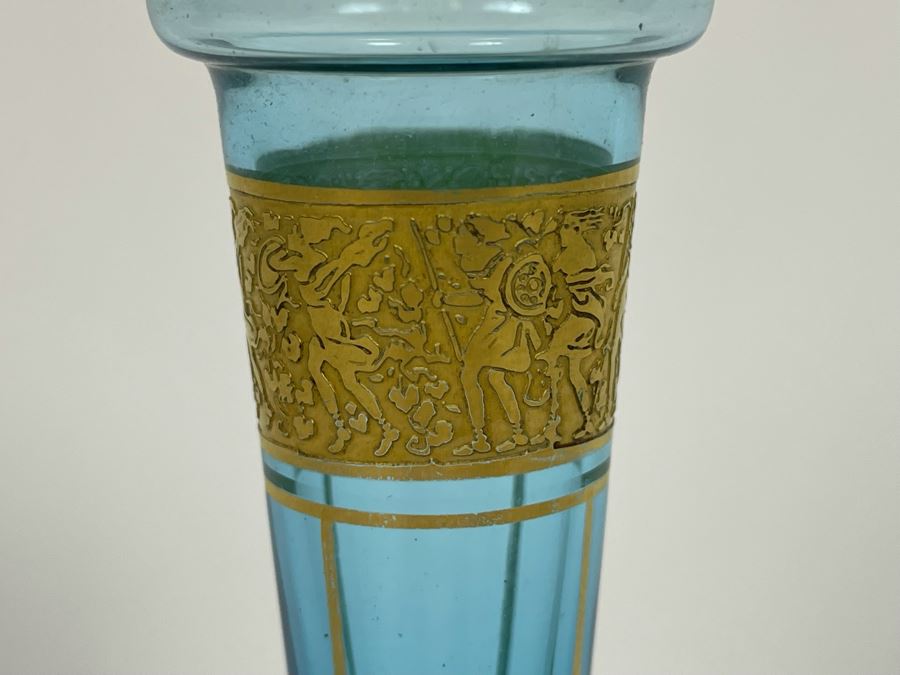 Vintage Blue Bottle With Hand Painted Gold Decorations 8H [Photo 5]