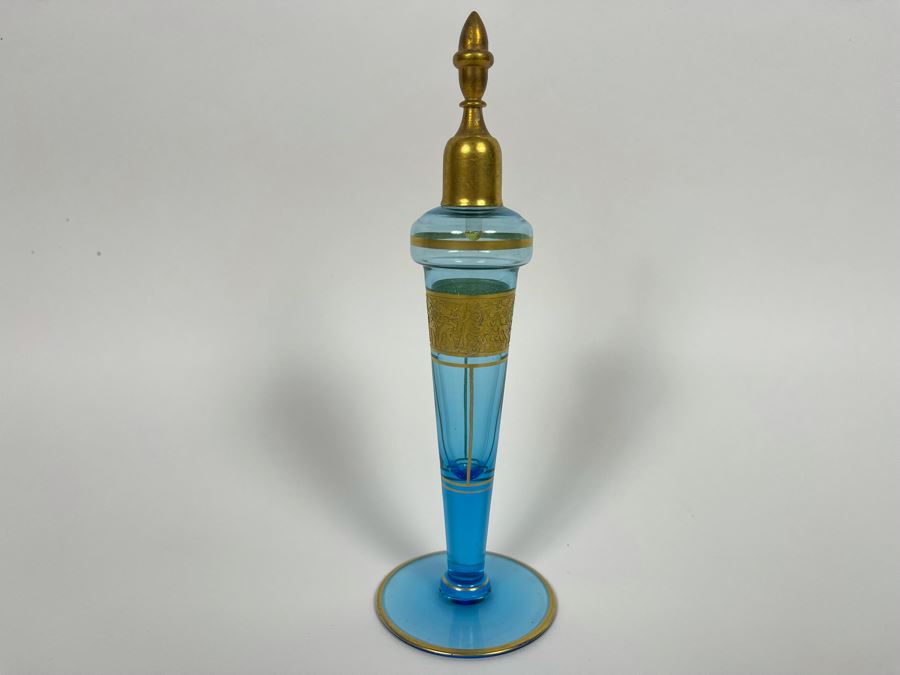 Vintage Blue Bottle With Hand Painted Gold Decorations 8H [Photo 1]