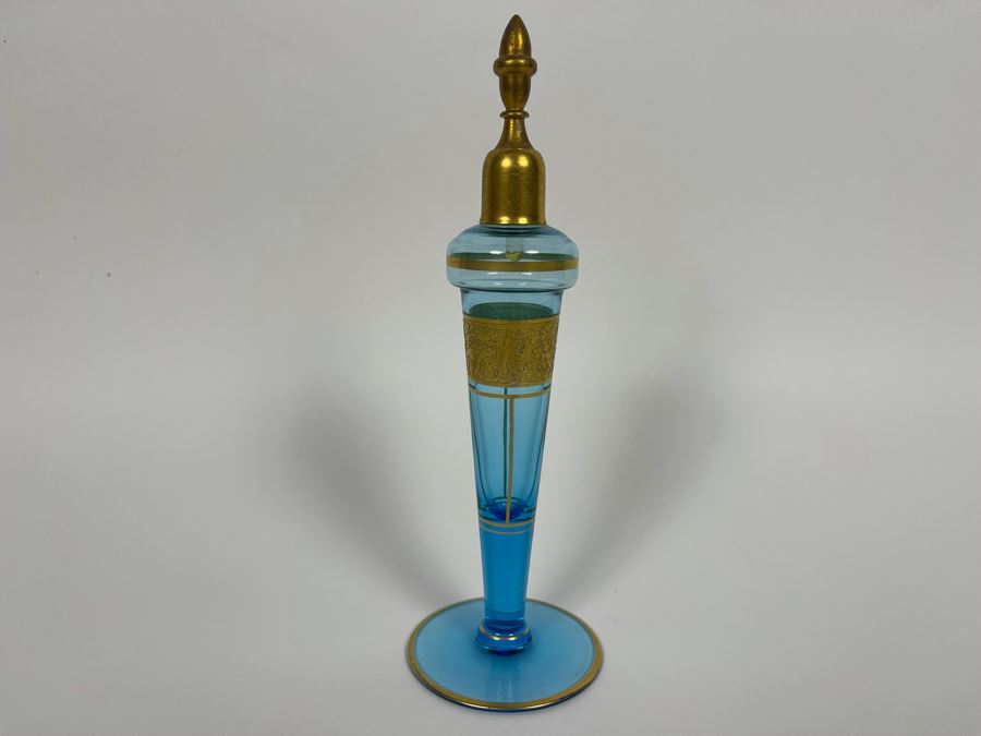 Vintage Blue Bottle With Hand Painted Gold Decorations 8H [Photo 2]