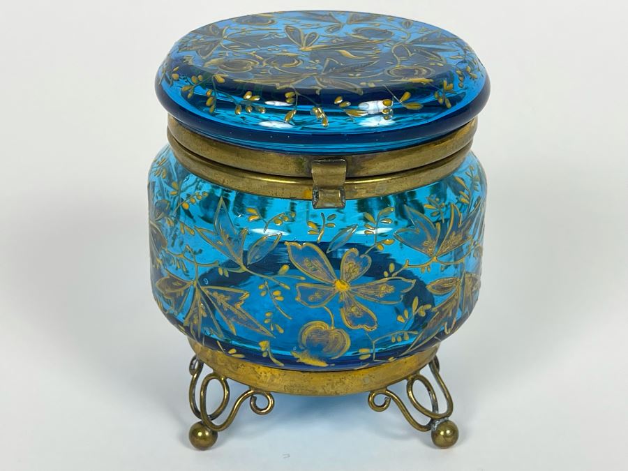 Vintage Hand Painted Footed Blue Glass Powder Vanity Jar With Gilt Metal 3.5H [Photo 1]