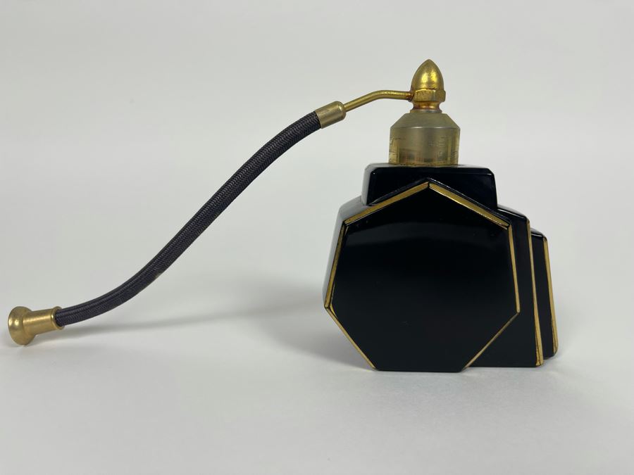 Vintage French Art Deco Black Glass Perfume Bottle 4H [Photo 2]