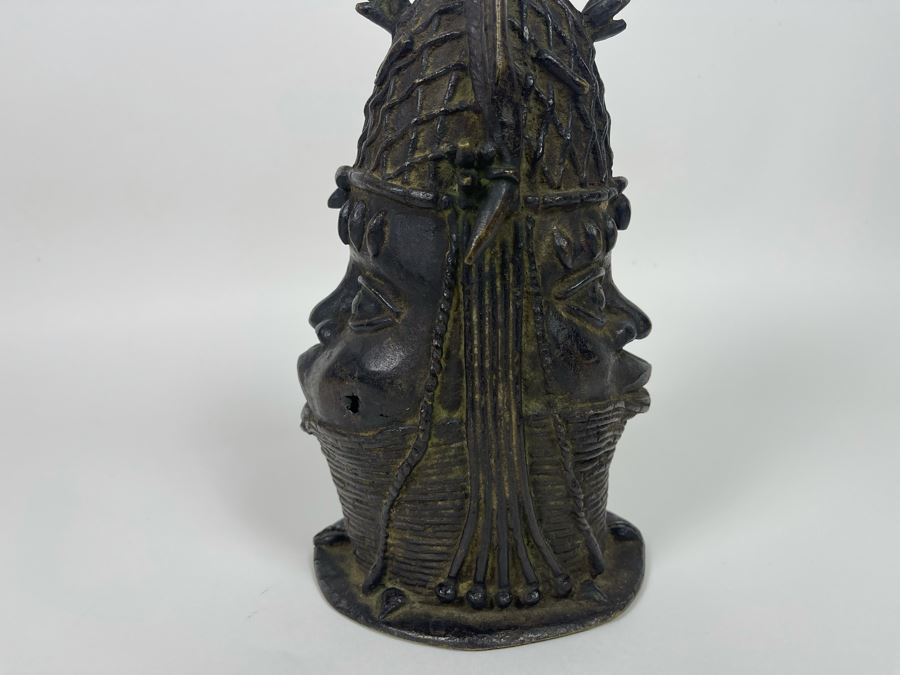 Vintage Benin African Two Face Bronze Sculpture 6W X 10.5H [Photo 11]