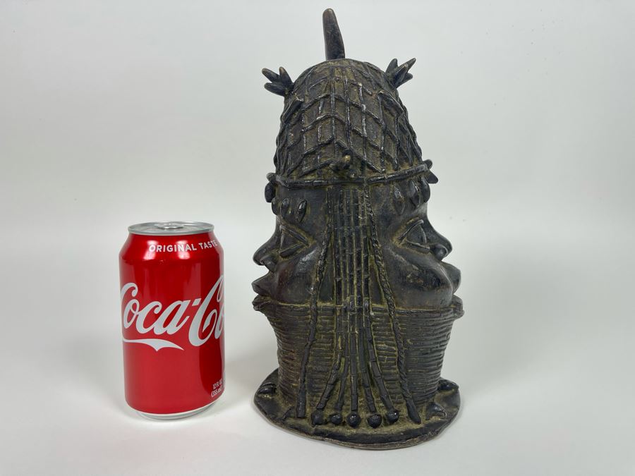 Vintage Benin African Two Face Bronze Sculpture 6W X 10.5H [Photo 2]